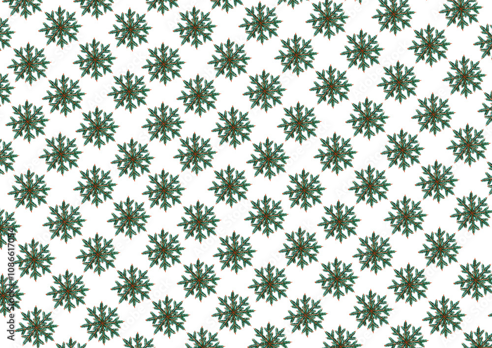 Pattern of snowflakes. Snowflakes from Christmas tree branches. Watercolor drawing. Different shades of green, brown. Arranged in a checkerboard pattern on a white background. Pattern of snowflakes. Snowflakes from Christmas tree branches. Watercolor drawing. Different shades of green, brown. Arranged in a checkerboard pattern on a white background.