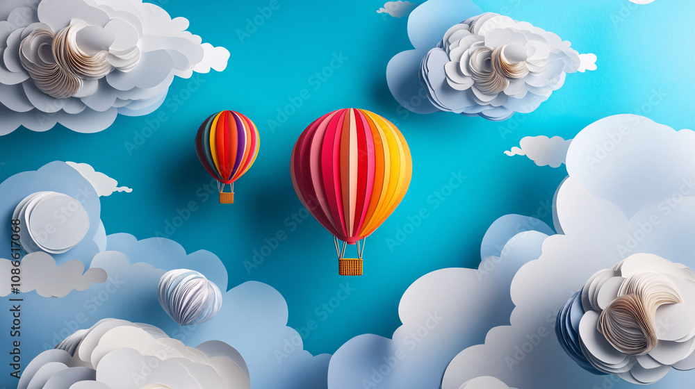Obraz premium Colorful hot air balloons floating through a sky full of paper clouds, symbolizing adventure and dreams. 