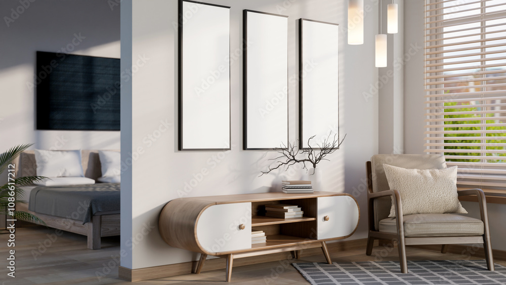 The interior design of a contemporary luxurious apartment room features a living room and bedroom. The interior design of a contemporary luxurious apartment room features a living room and bedroom.