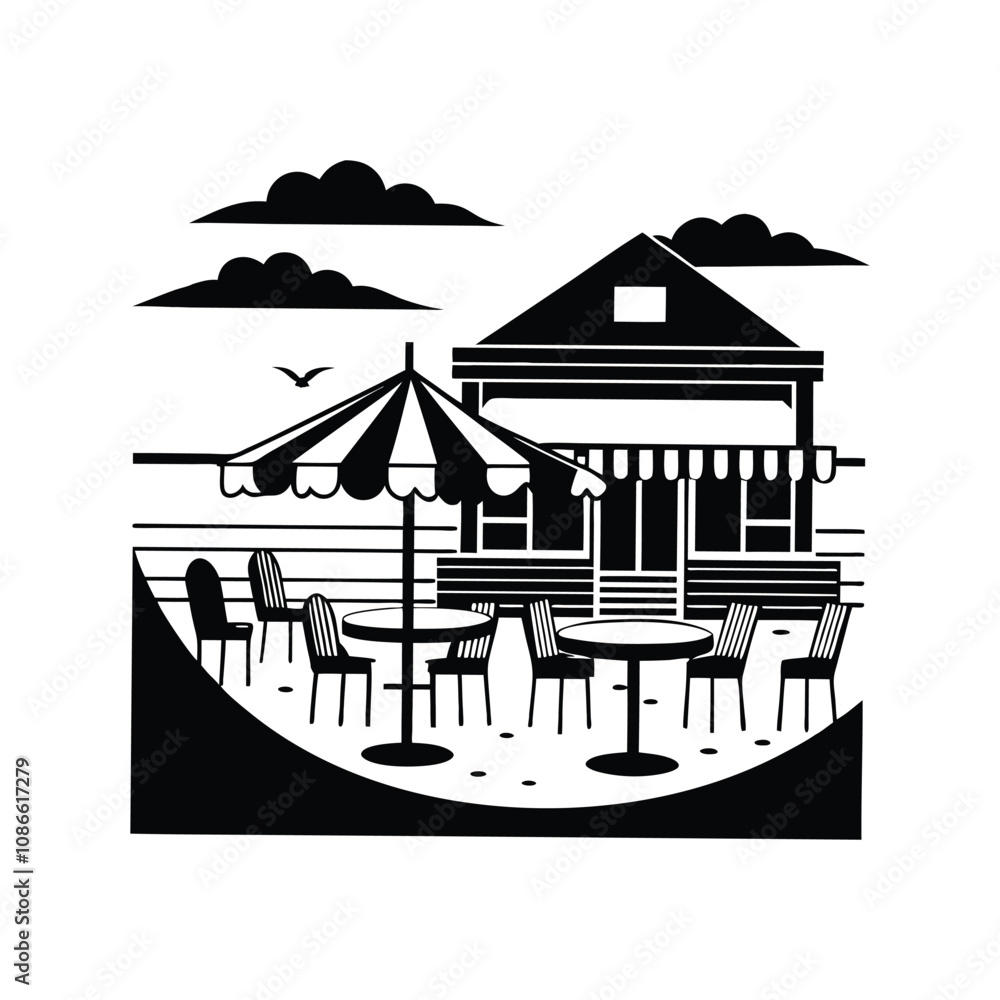 Naklejka premium Coastal Serenity Black and White Beach Scene Artwork 