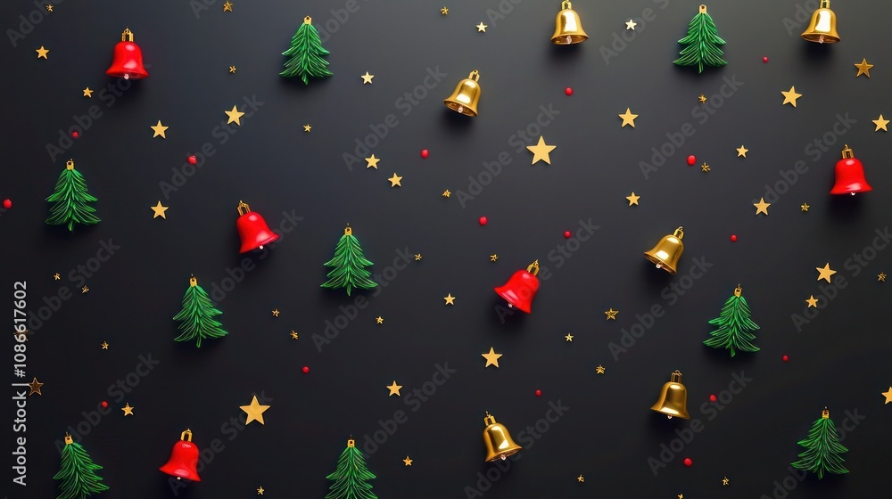 Minimalist Christmas grid with small gold stars, red bells, and green trees on a deep charcoal background, featuring subtle shadow effects for depth. Minimalist Christmas grid with small gold stars, red bells, and green trees on a deep charcoal background, featuring subtle shadow effects for depth.