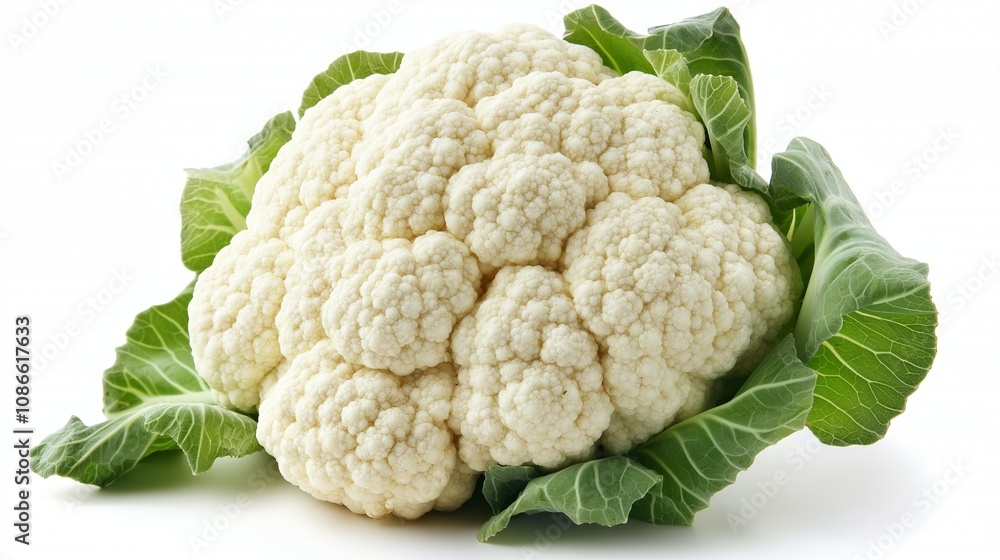 Whole head of the fresh raw cauliflower with some leaves close-up on a white background Whole head of the fresh raw cauliflower with some leaves close-up on a white background