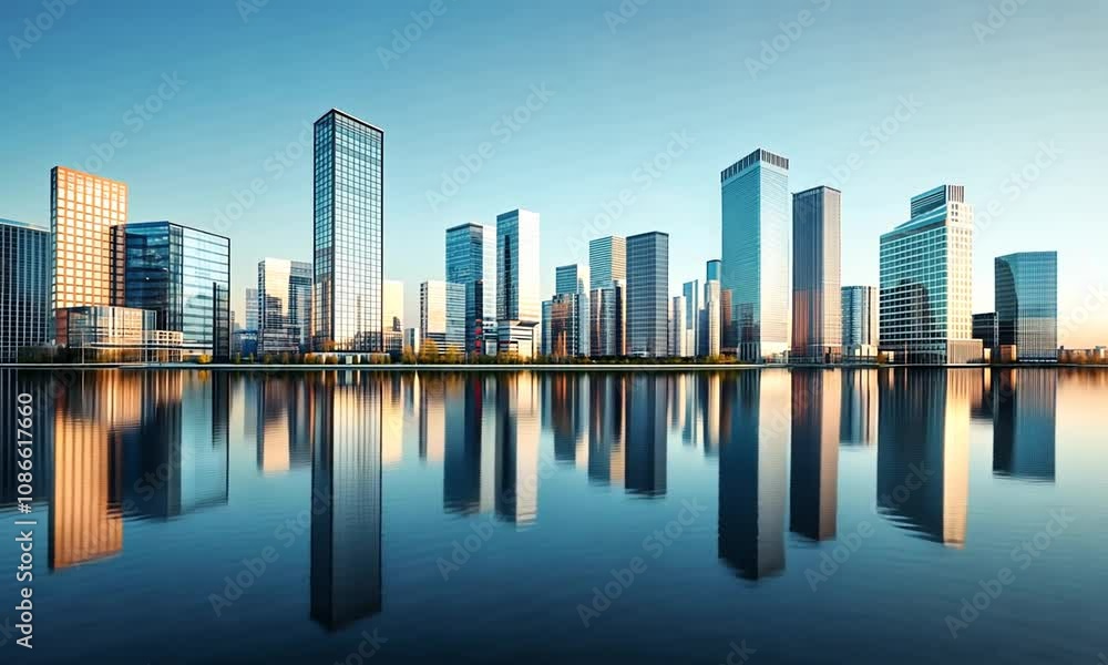 Urban cityscape with modern buildings reflecting in calm waters Urban cityscape with modern buildings reflecting in calm waters