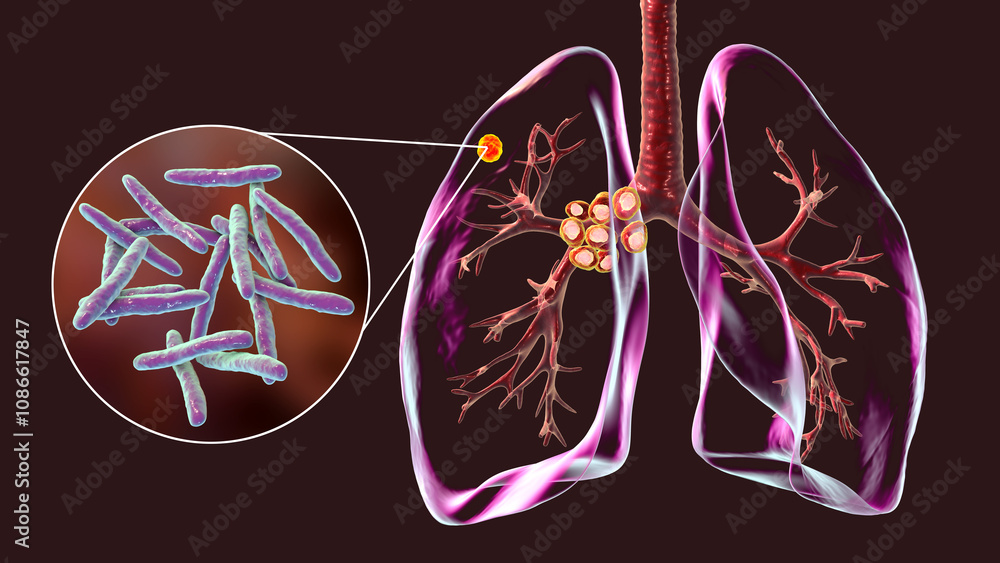 Primary lung tuberculosis with the Ranke complex, 3D illustration Primary lung tuberculosis with the Ranke complex, 3D illustration