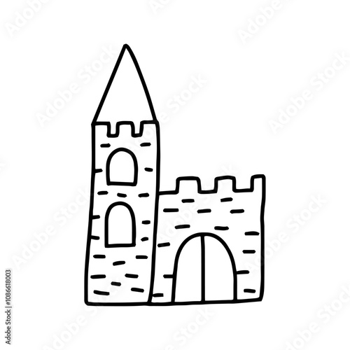 Castle, fortress in doodle style. Vector isolated on white background.