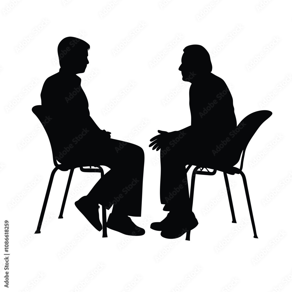 Two men are sitting in chairs and talking. One of the men is wearing a tie. The chairs are black Two men are sitting in chairs and talking. One of the men is wearing a tie. The chairs are black