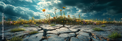 Cracked Earth Rising into the Sky, with Grass and Flowers Blooming from the Crevices 