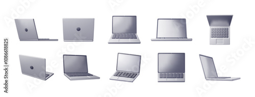 3D set of cartoon laptop computer isolated. Render collection of notebook LCD display mock up with blank screen. Mobile computer device icon. Technology concept. 3D rendering. Vector illustration