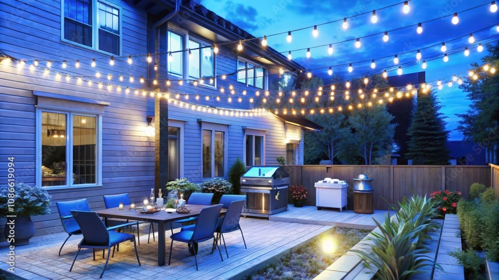 Fototapeta premium Outdoor Dining Area with String Lights and a Grill