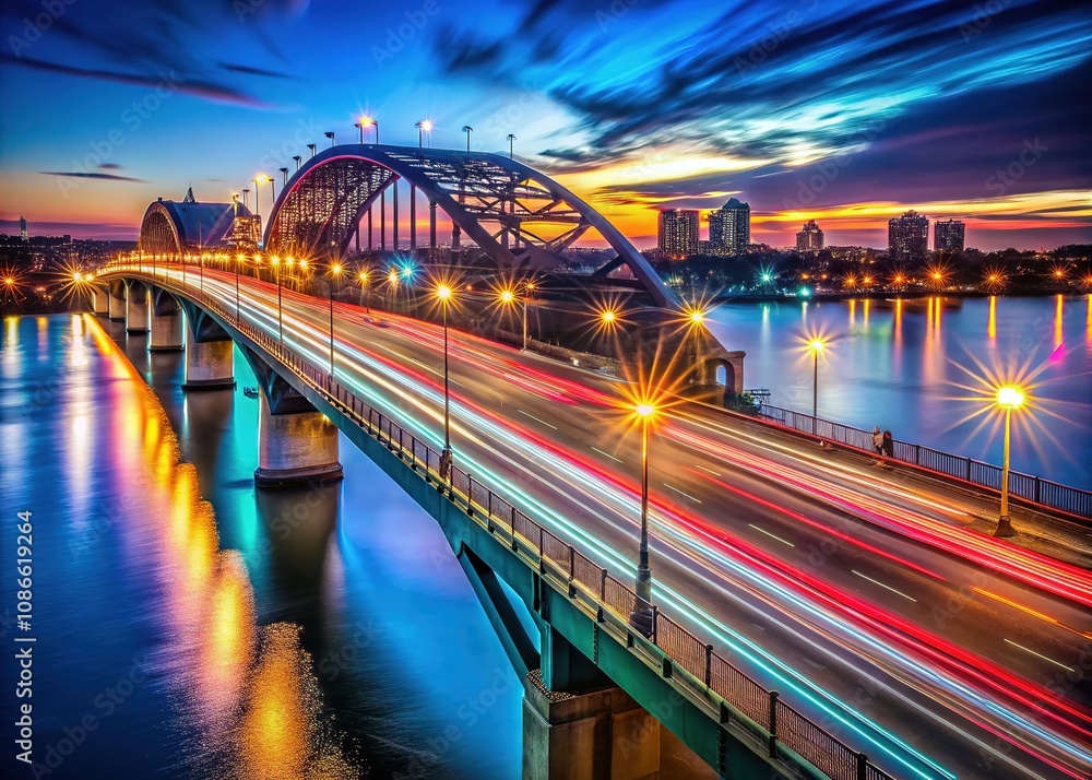 Obraz premium Golden hour fades, leaving Memorial Bridge bathed in the city's nocturnal glow.