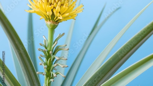 Close-up of yucca plant flowers and seeds on the long thin sword-shaped leaves, foliage, botanical, seed photo