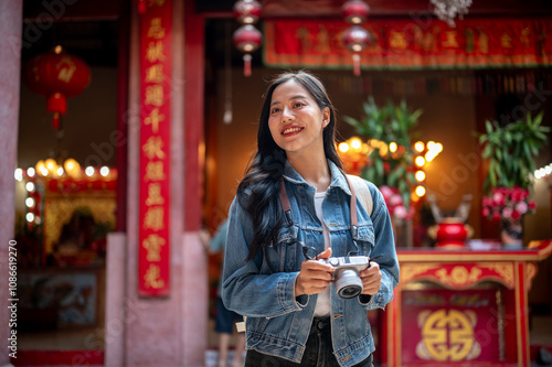 Photography An attractive Asian female tourist visits a stunning Chinese shrine, enjoying her solo travels