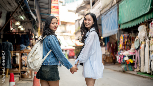 Two pretty Asian female friends hold hands and smiles at the camera, explore the city together.