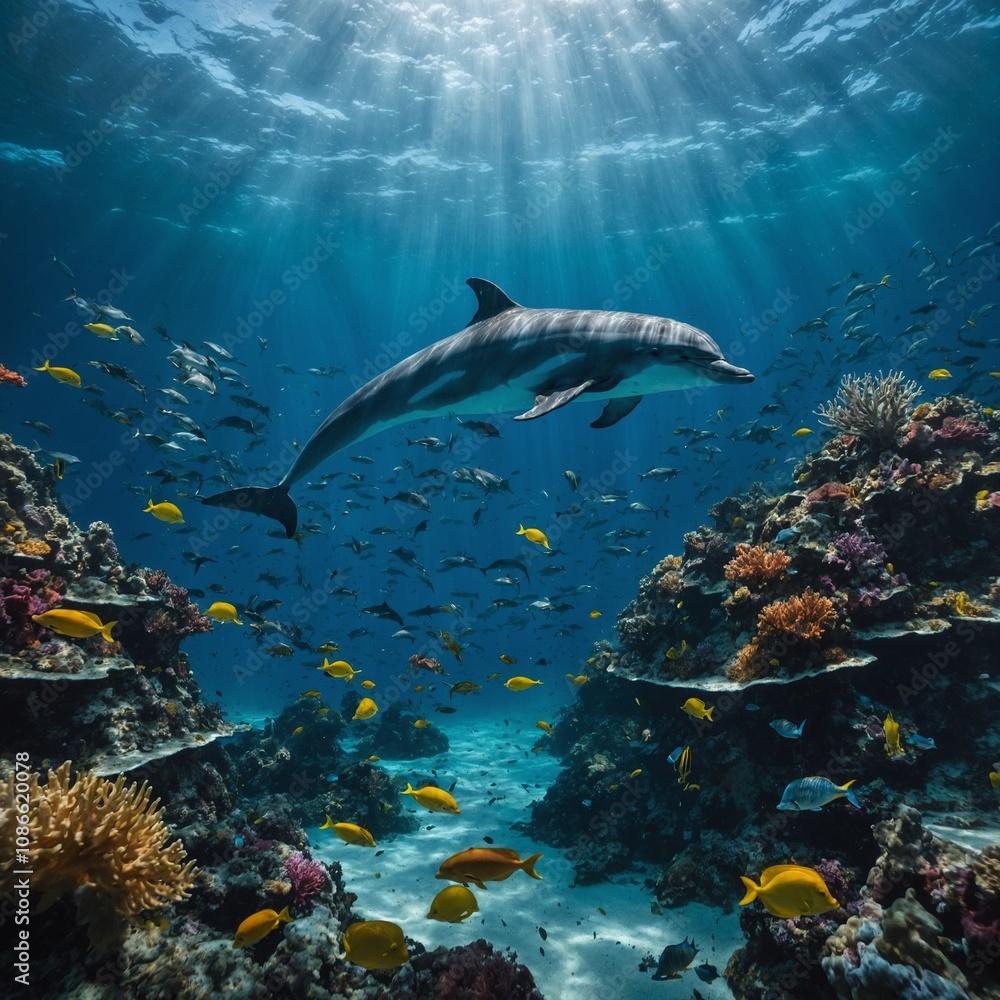 Fototapeta premium A dolphin in the middle of an underwater kingdom filled with glowing sea creatures.