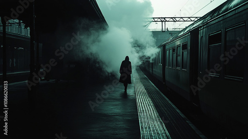 Dark Silhouette of a Person Walking Along a Deserted Train Platform, Smoke from a Train Engine Filling the Air, Enhancing the Mystery 