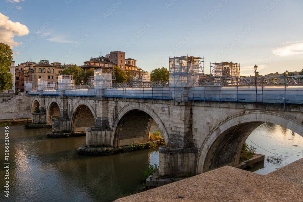 ROME, ITALY - NOVEMBER 18, 2024: Renovation work in progress on the historic Ponte Sant'Angelo bridge as part of Rome's preparation for the 2025 Jubilee Year pilgrimage ROME, ITALY - NOVEMBER 18, 2024: Renovation work in progress on the historic Ponte Sant'Angelo bridge as part of Rome's preparation for the 2025 Jubilee Year pilgrimage