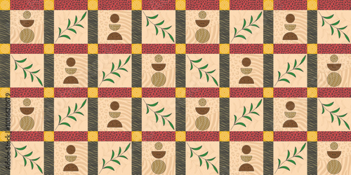 Background of repeating squares and rectangles with mottled animal textures, geometric shapes and leafy sprigs. Ethnic endless texture with African motif. Vector seamless pattern for surface texture