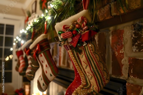 Festive Christmas Stockings Hanging by Fireplace