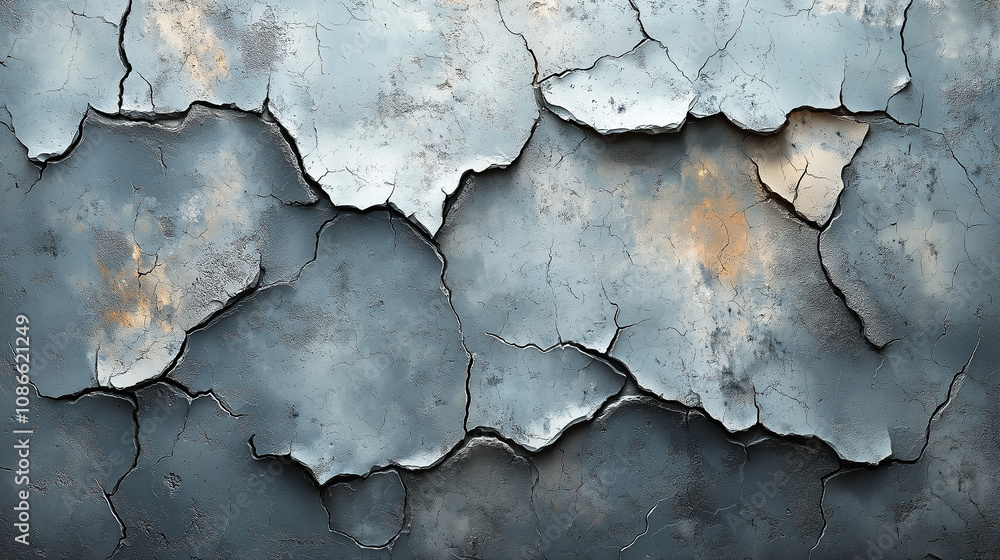 Obraz premium A weathered concrete surface texture showing visible cracks, worn-out edges, and a distressed appearance, emphasizing the natural aging of the material