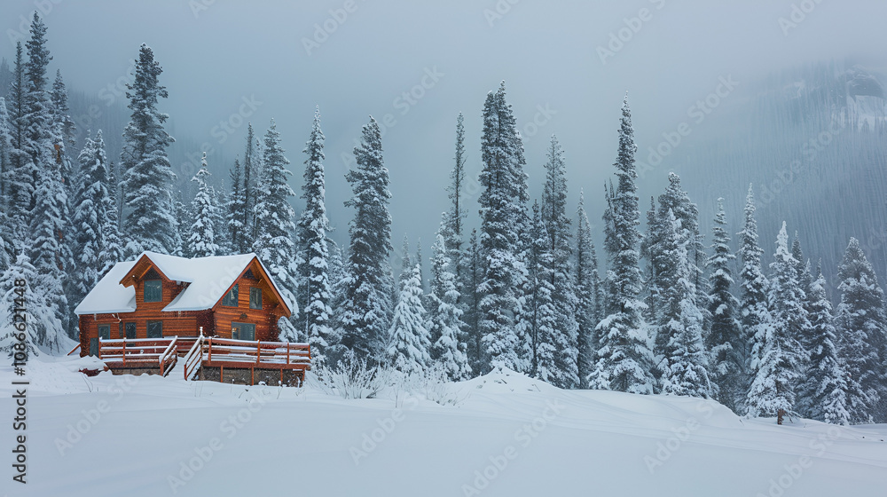 Winter wonderland with softly falling snow pine trees and a cozy log cabin serene holiday escape copy space Winter wonderland with softly falling snow pine trees and a cozy log cabin serene holiday escape copy space