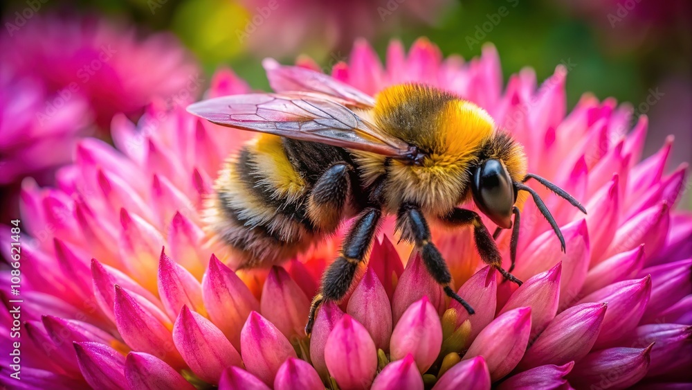 High-flying drone frames a bumblebee in its pursuit of nectar on a pink dragon flower. High-flying drone frames a bumblebee in its pursuit of nectar on a pink dragon flower.