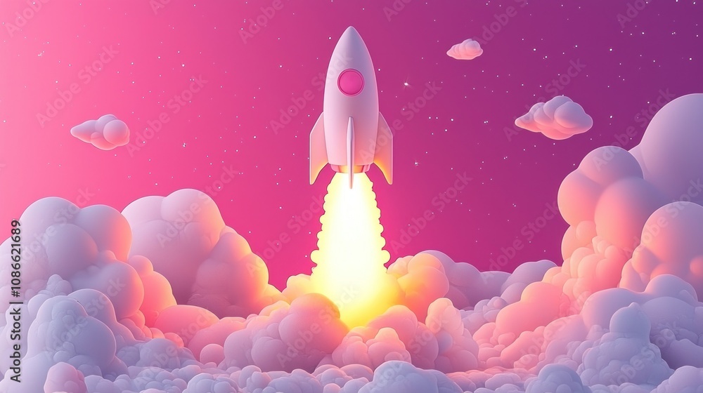 Fototapeta premium Dynamic Rocket Launching Upward in Abstract Flat Style Symbolizing Business Growth and Success with Copy Space for Additional Elements
