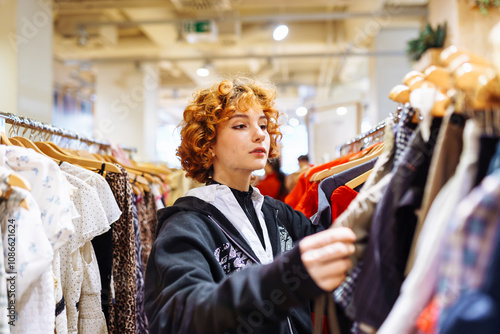 portrait of red-haired attractive young woman trying on clothes in store