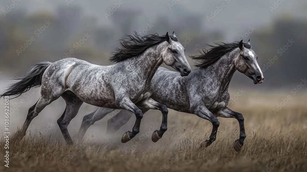 Two Grey Horses Running Through a Field Two Grey Horses Running Through a Field