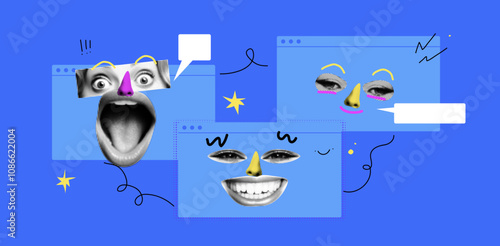 Online meeting poster in retro style with Halftone elements of face eye, nose, and mouth. Abstract digital design with corporate window and feedback for business.