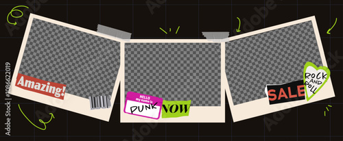 Vector template of photo frames collage. Transparent banner with grunge and punk stickers for scrapbook design