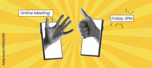 Collage design of online meeting on mobile with sunburst background. Halftone phone in hand with speech bubble for communication and media.