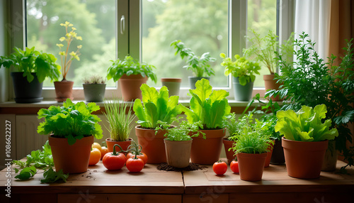 Indoor vegetable garden with fresh greens and tomatoes