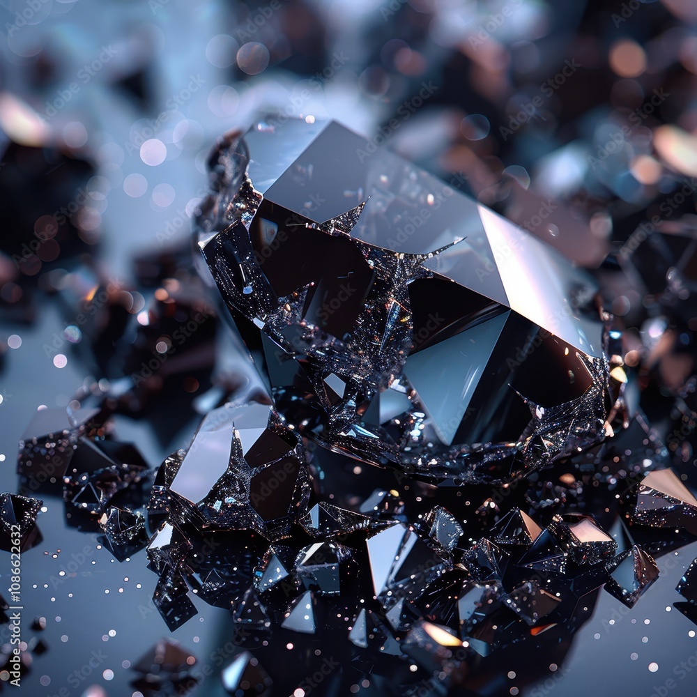A close-up of shattered black crystal fragments glimmering against a reflective surface, showcasing intricate details and sharp angles. A close-up of shattered black crystal fragments glimmering against a reflective surface, showcasing intricate details and sharp angles.