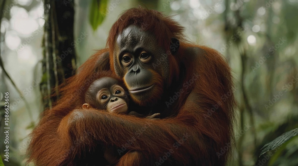 Fototapeta premium Motherly Love: An Orangutan Embraces her Young