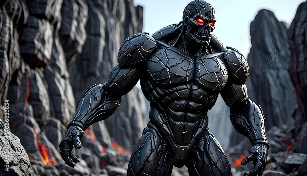 Living Obsidian Golem with Intricate Cracks and Moving Molten Veins Living Obsidian Golem with Intricate Cracks and Moving Molten Veins