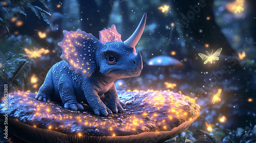 Cute triceratops baby with pastel-colored scales, sitting on a giant mushroom, surrounded by glowing fireflies, whimsical and magical 3D render.