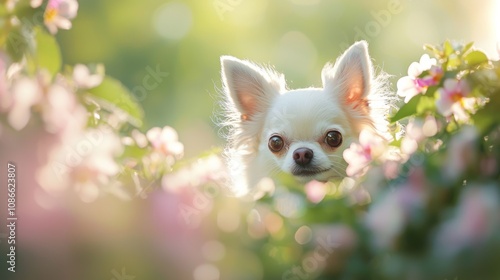 Adorable Small Dog Peeking Behind Colorful Flower Bush in Playful Sunlight - Ultra-Detailed Animal Wholesome Moment Photo