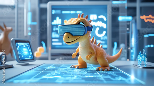 Cute cartoon dinosaur using augmented reality glasses to explore a digital map, surrounded by futuristic gadgets, soft and bright 3D render.