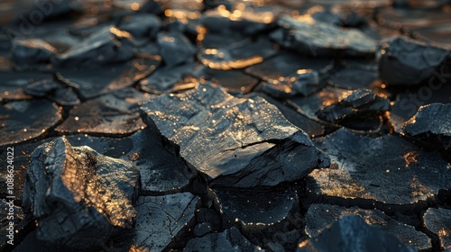 A close-up view of textured, dark stones with glimmers of light, showcasing natural patterns and geological formations.