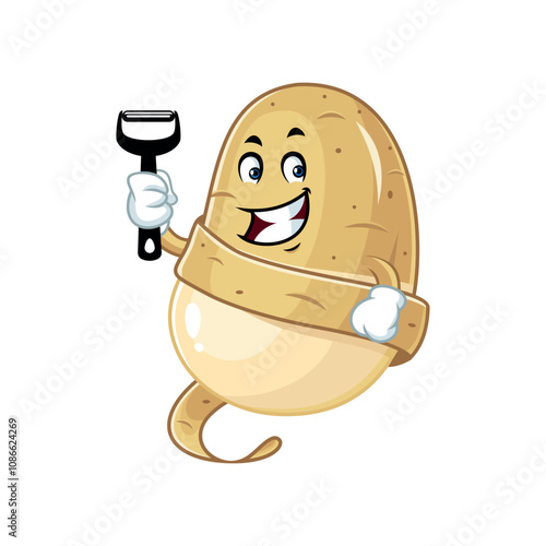 Happy Potato Cartoon Mascot Holding Peeler.