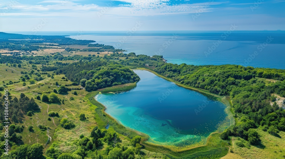 Serene Aerial View of Calm Coastal Lake and Landscape Serene Aerial View of Calm Coastal Lake and Landscape