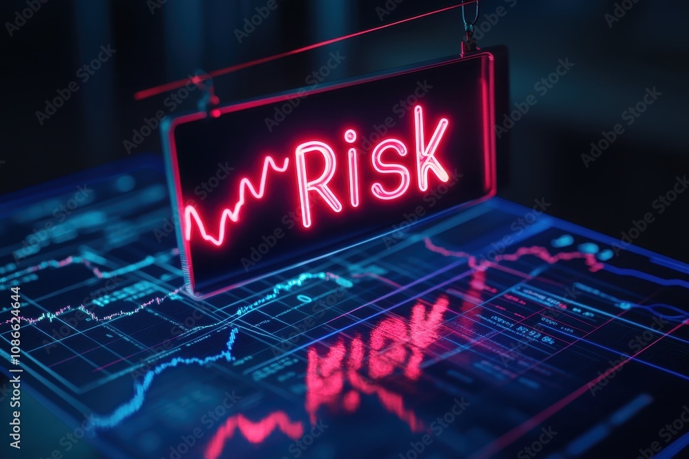 Fototapeta premium Flickering Neon Risk Sign: Highlighting Common Investing Mistakes Amid Market Volatility