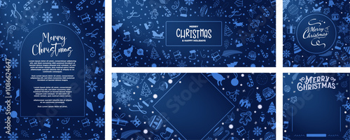 Elegant Blue and White Christmas Season Template Designs with copy space. Merry Christmas Greeting Cards and layouts in vertical poster, banner, and square format. Hand drawn christmas doodles. Vector