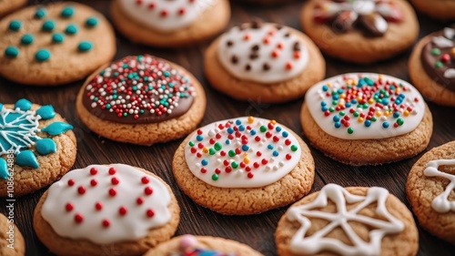 Colorful decorated cookies arranged on a wooden surface, featuring various sprinkles and icing designs, perfect for festive occasions.