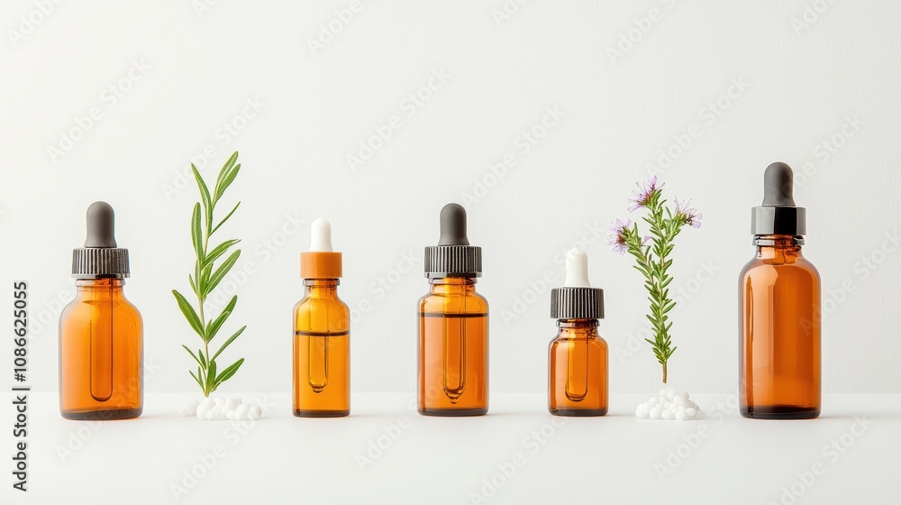An assortment of small, labeled amber glass bottles with droppers, containing a variety of homeopathic remedies, arranged on a clean, white background with soft shadows. An assortment of small, labeled amber glass bottles with droppers, containing a variety of homeopathic remedies, arranged on a clean, white background with soft shadows.