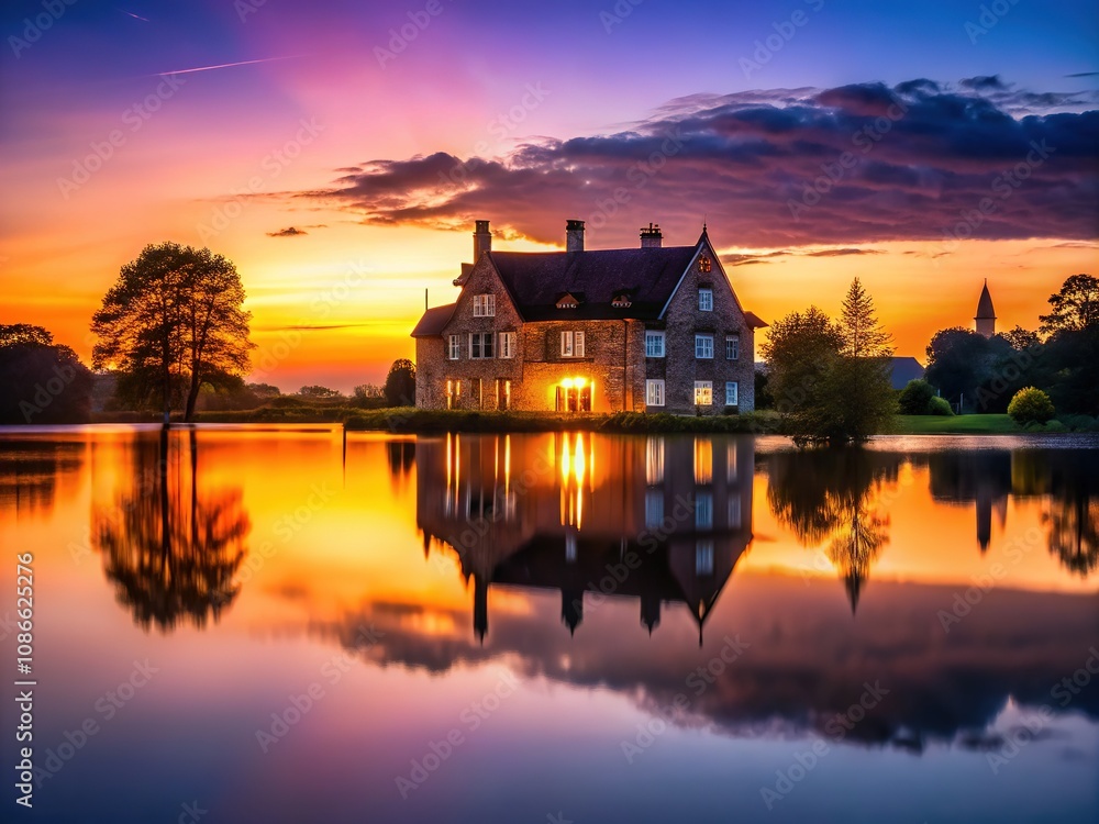 Fototapeta premium Lakefront manor, twilight's embrace, stunning silhouette.