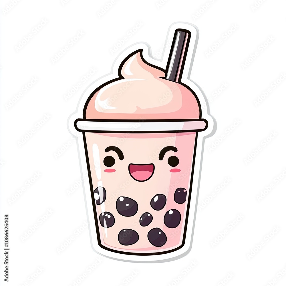 Happy Pink Bubble Tea with Whipped Cream and Straw Happy Pink Bubble Tea with Whipped Cream and Straw