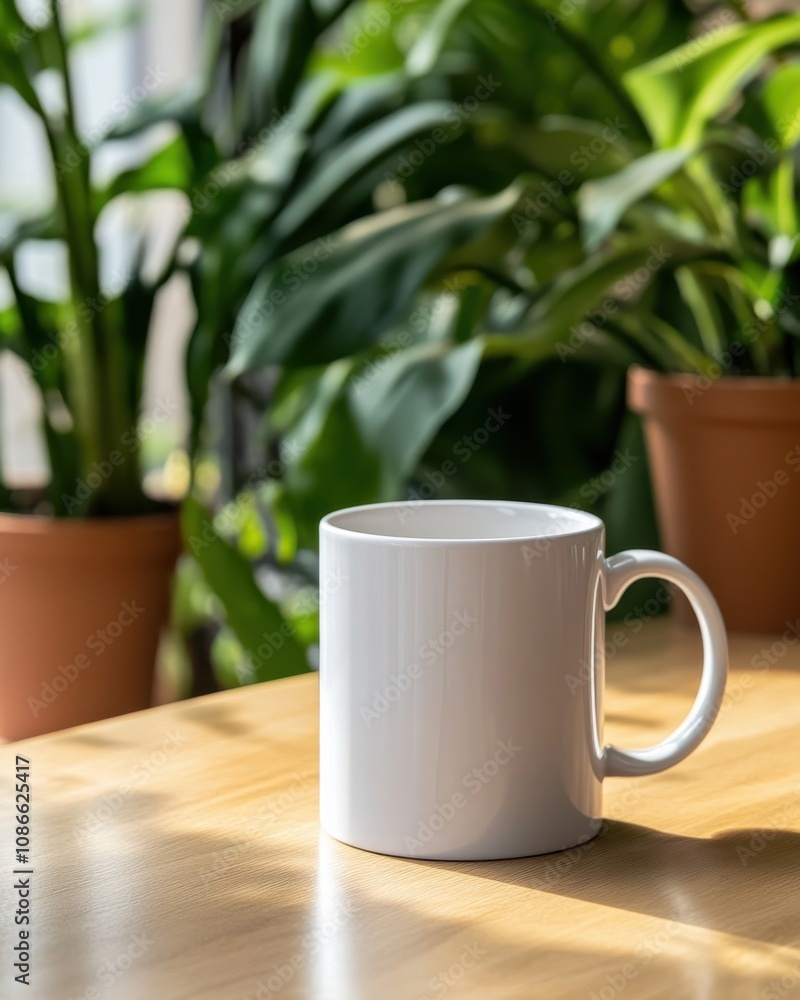 A simple white mug sits on a wooden table, surrounded by lush green plants in terracotta pots, creating a serene indoor atmosphere. A simple white mug sits on a wooden table, surrounded by lush green plants in terracotta pots, creating a serene indoor atmosphere.