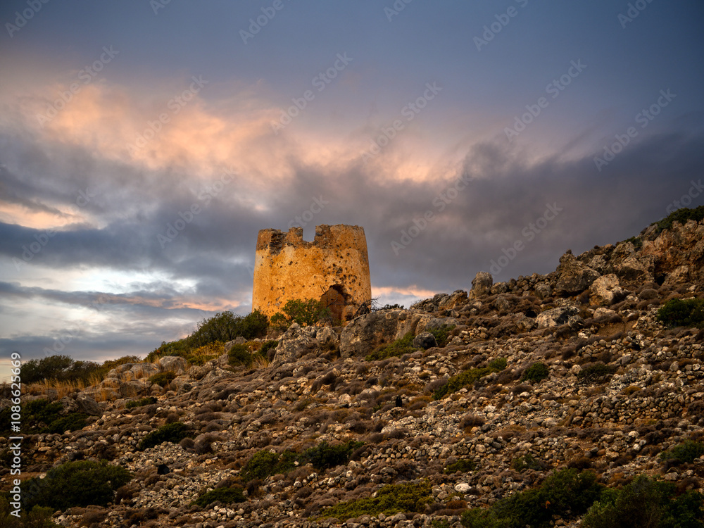 Fototapeta premium Abandoned tower fort outside Loutro, Crete, Greece
