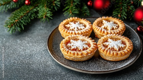 Festively decorated pastry treats on a dark plate, surrounded by holiday greenery and decorations, perfect for Christmas celebrations.